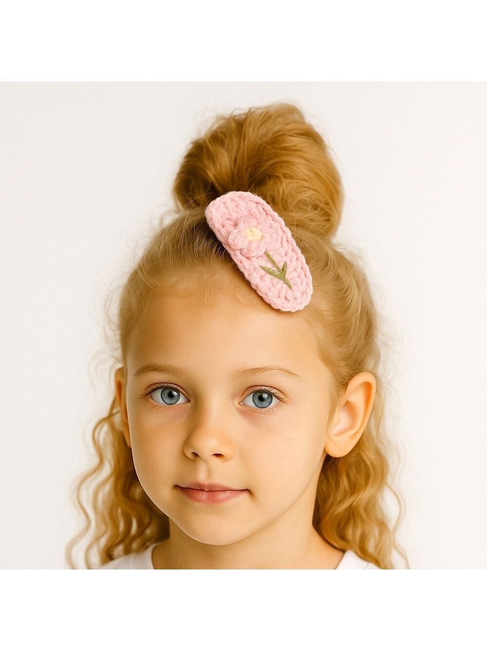 Hand Crafted Hand Knit Crochet Snap Hair Clip Pink floral decor handmade bow